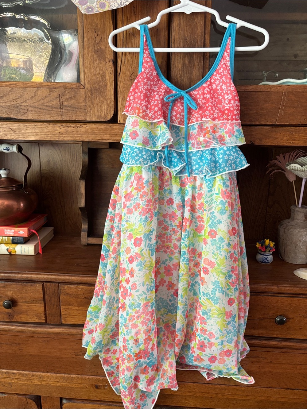 Kids Floral Ruffled Sundress - Coral and Blue